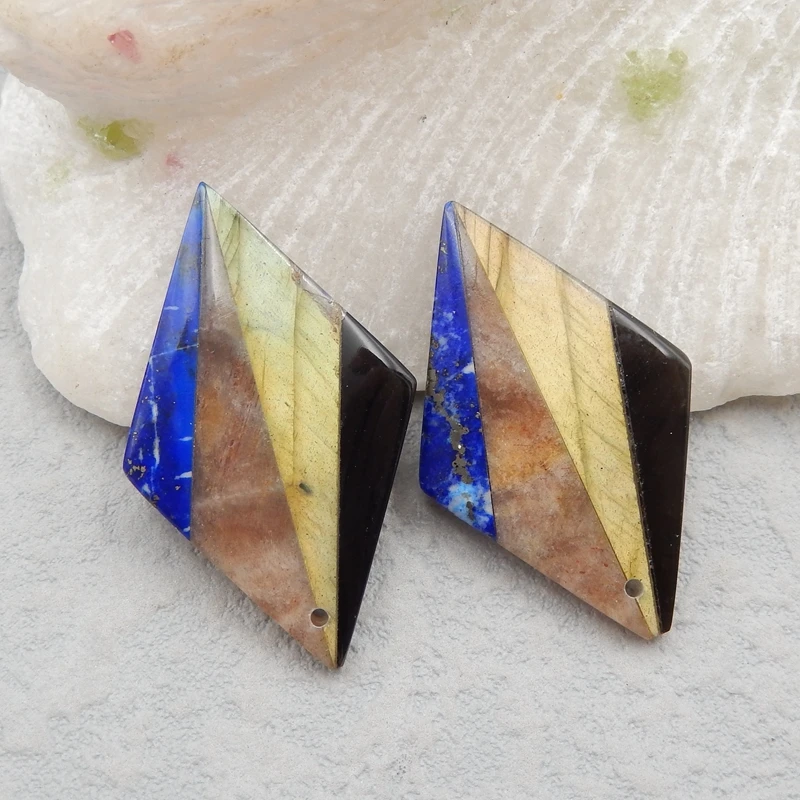 Natural Gemstone Labradorite,Obsidian,Sun Stone,Lapis Lazuli intarsia fashion Woman Earrings,Popular jewelry,33x20x4mm,6.8g