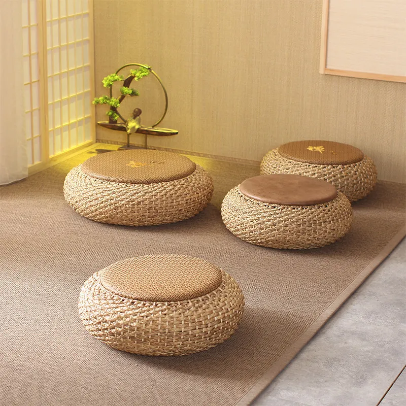 Handwoven Rattan Round Floor Cushion,Meditation Yoga Zafu Pillow Tatami Seat,Natural Boho Style Pouf Ottoman for Zen Living Room