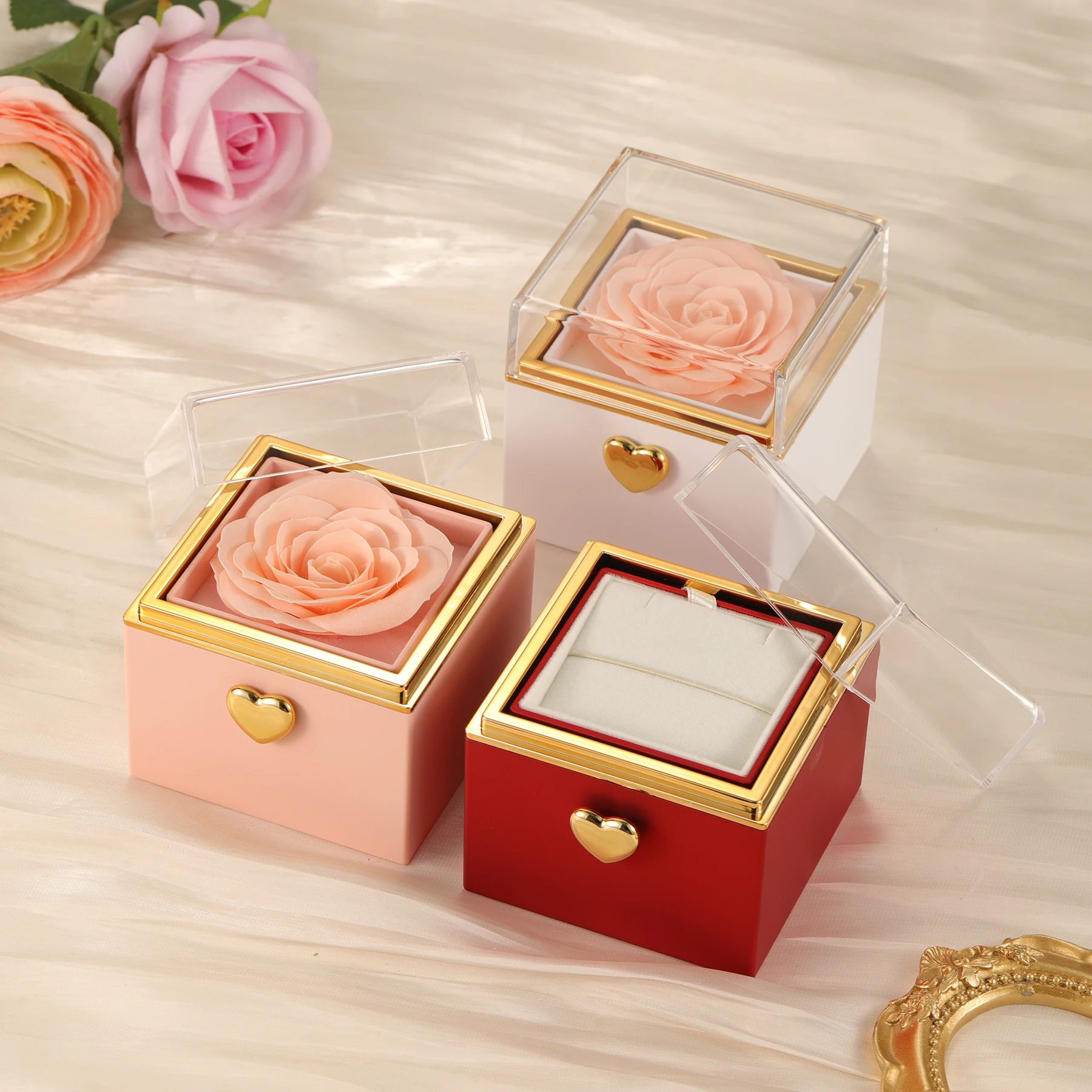 2026 Magic Rotation Eternal Real Rose Box Double Heart Custom Engraved Name Steel Necklace for Valentine's Day Jewelry Gift