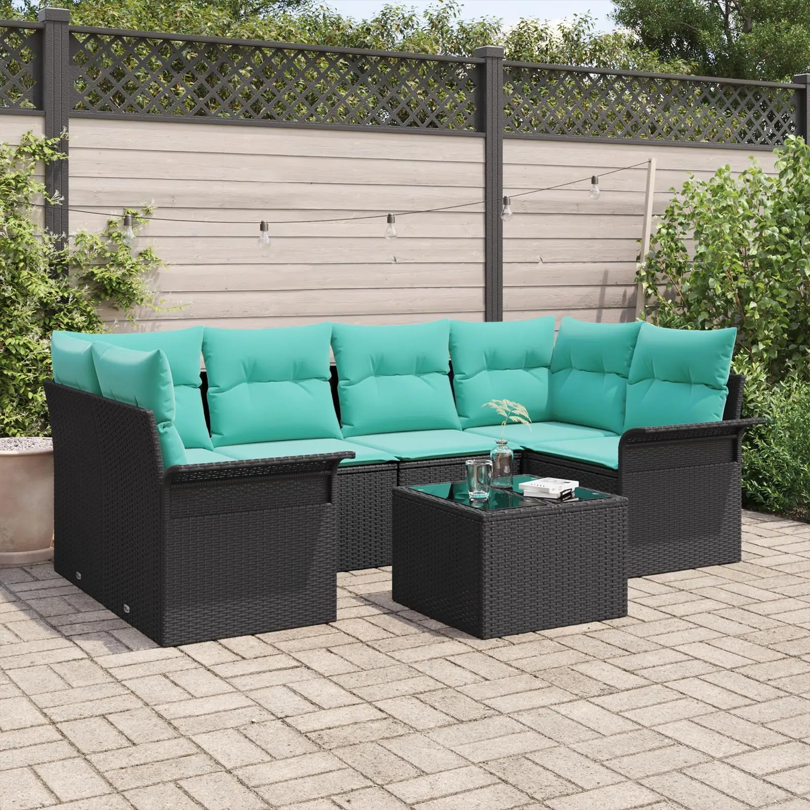 

Cozy 7 Piece Black Poly Rattan Garden Sofa Set with Cushions for Outdoor Patio Living Room Furniture