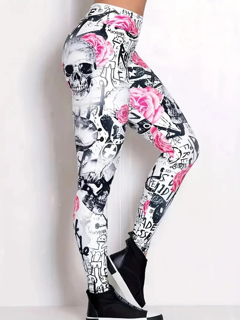 Floral & Skull print elastic elastic waist slim-fit women\'s leggings for everyday wear