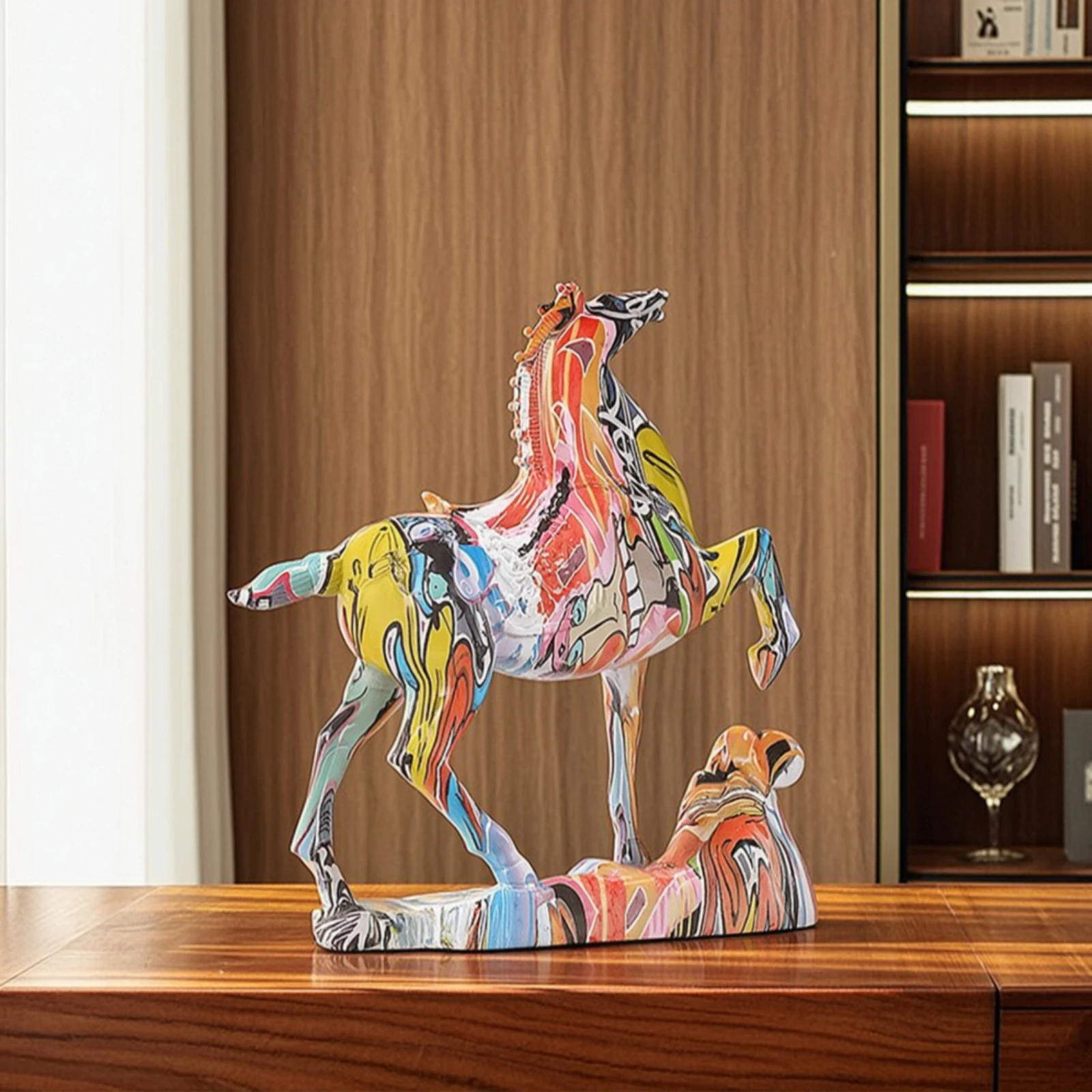Horse Statue with Base Marbled Horse Statue Decor Abstract Ornament Rearing for Homeowners, Living Room, Entryway
