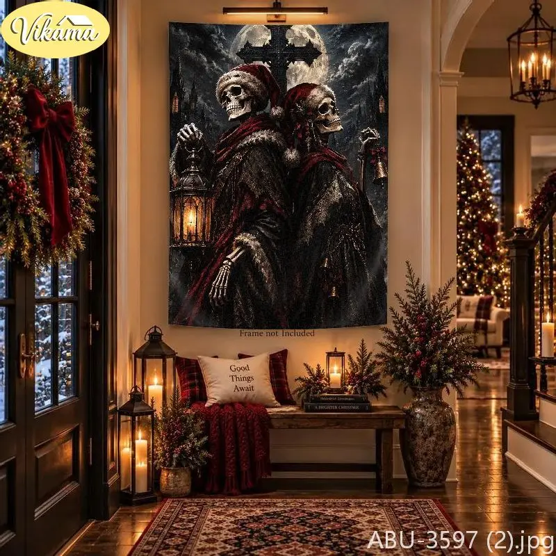 VIKAMA Dark Christmas Double Skeleton Tapestry, Full Moon Cross Background Cloth, Living Room Party Wall Decor