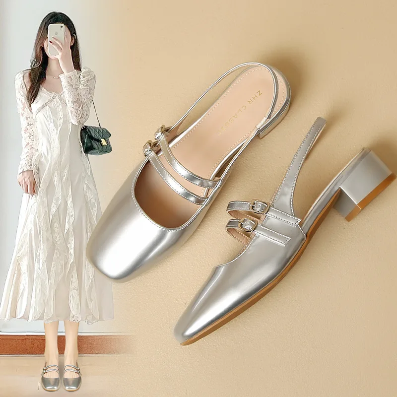 

Trendy Women Block Heel Slingback Sandals in Black Fashion Square Toe Mary Jane Ballet Shoes For Daily Wear
