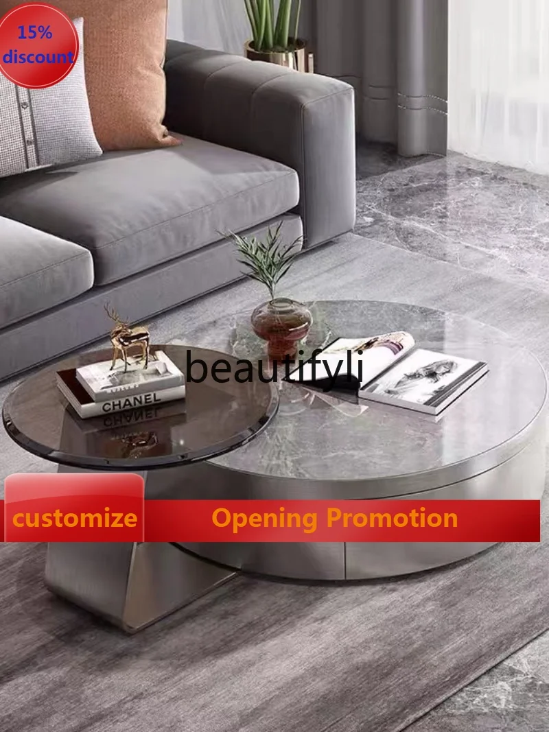 

Luxury Rock Board Coffee Table Living Room Household Stainless Steel Round Small Apartment Tea Table Modern Minimalist Style G12