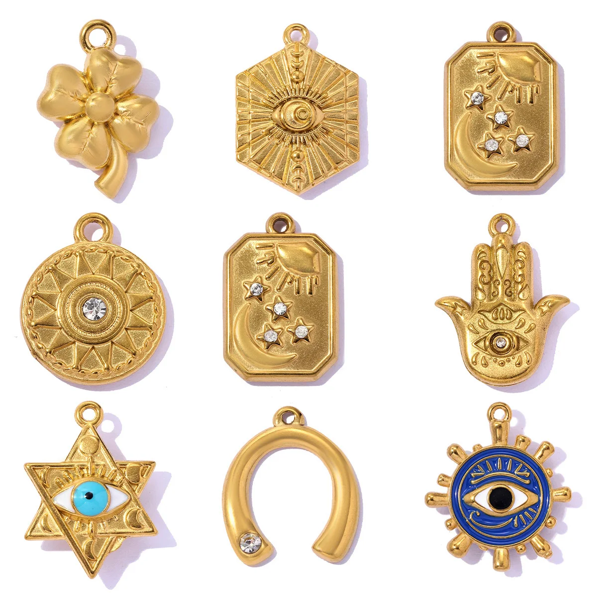 3pcs/Lot Stainless Steel Cross Evil Eye Clover DIY Bracelet Charms Star of David Necklace Pendants Woman Hamsa Hand Jewelry