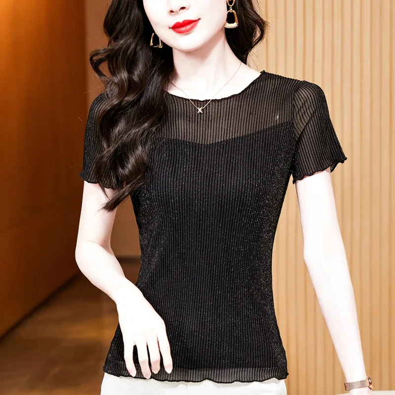 

Fashion Round Neck Striped Bright Silk Screen Short Sleeved Women's T-Shirt Summer High Stretch Black Mesh Tank Tops