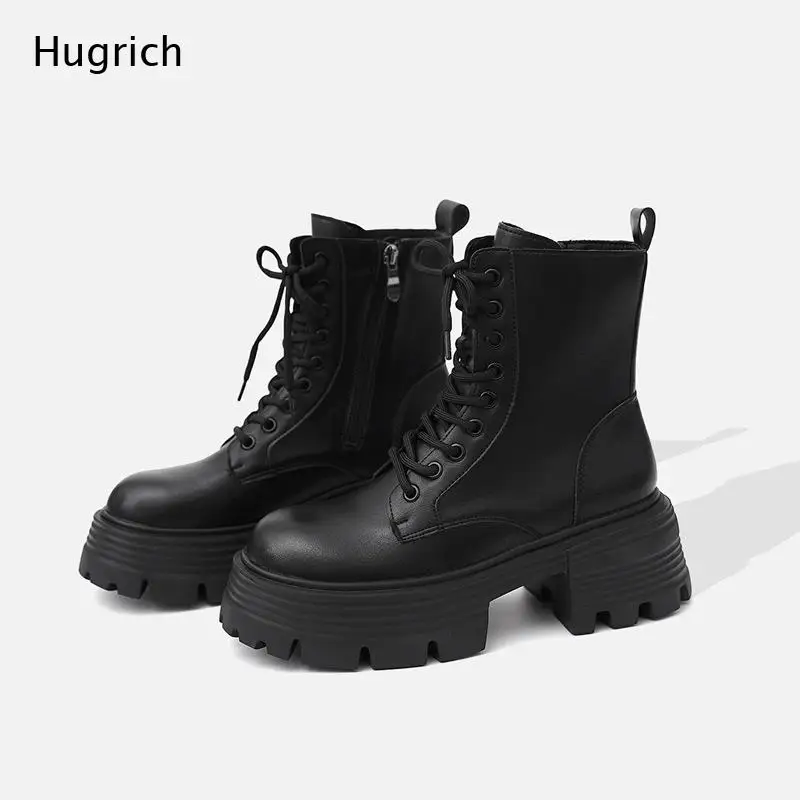

Women Black Lace-Up Platform Combat Boots With Side Zipper Chunky Heel Round Toe Y2K Style Ankle Boots For Streetwear