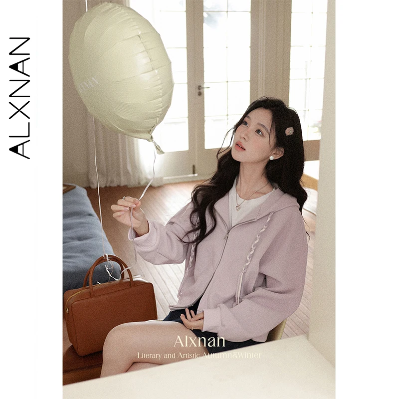 ALXNAN Women's Hoodies Pink Zipper Twisted Drawstring Loose-fit Sweatshirt 2025 Autumn Casual Long Sleeve Coats Female L56811