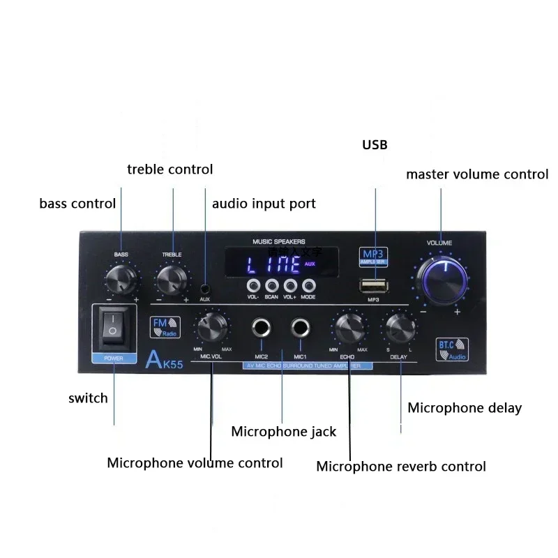 

Для AK55 900 Вт домашний усилитель мощности 2,0 канала Bluetooth 5,0 Hi-Fi цифровой стерео усилитель звука 2,0 450 Вт + 450 Вт сабвуфер