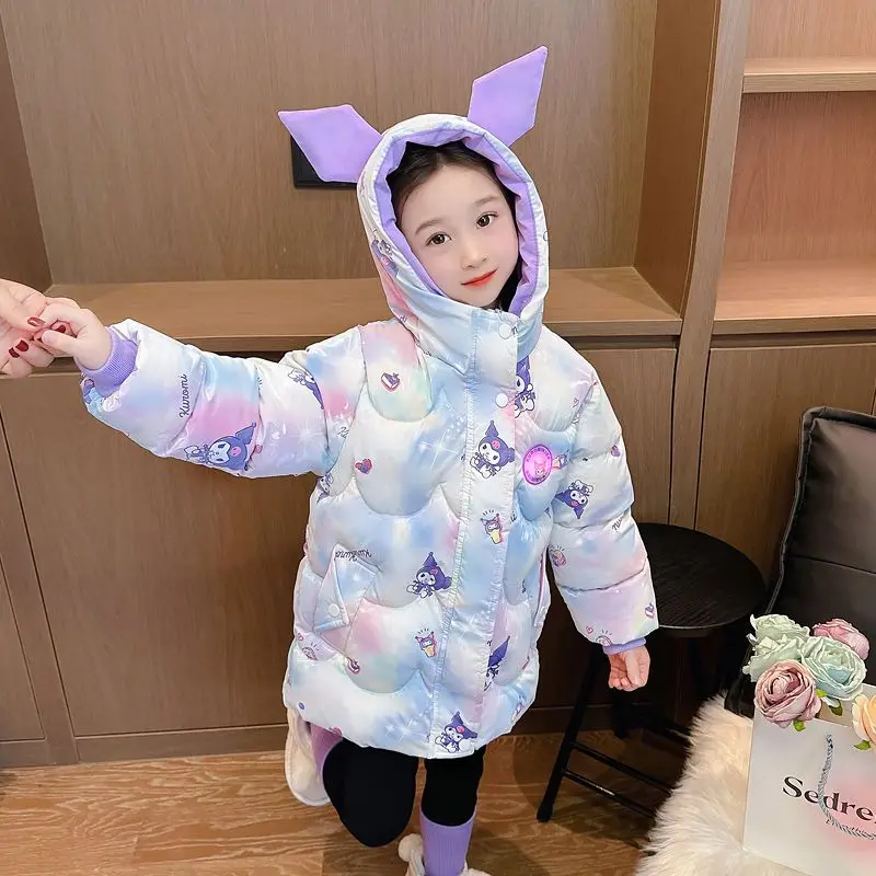 Girl Coat Hot Sanrio Glow Kuromi Hello Kitty Hooded Cotton Clothes Princess Style Thicken Cotton Padded Jacket Kawaii Cartoon