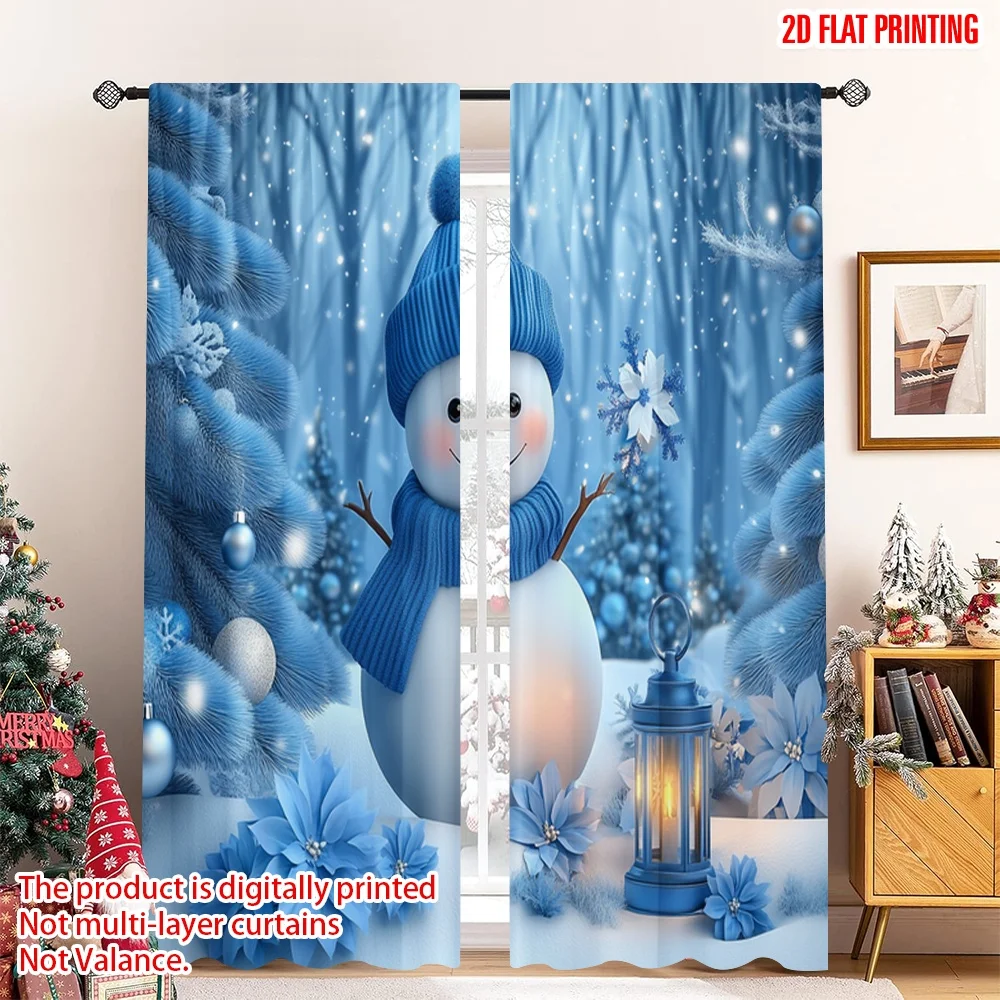 2pcs 2D flat printing Christmas Party Curtain Cute Snowman Blue Christmas Trees 100% Polyester Without Electricity Holiday