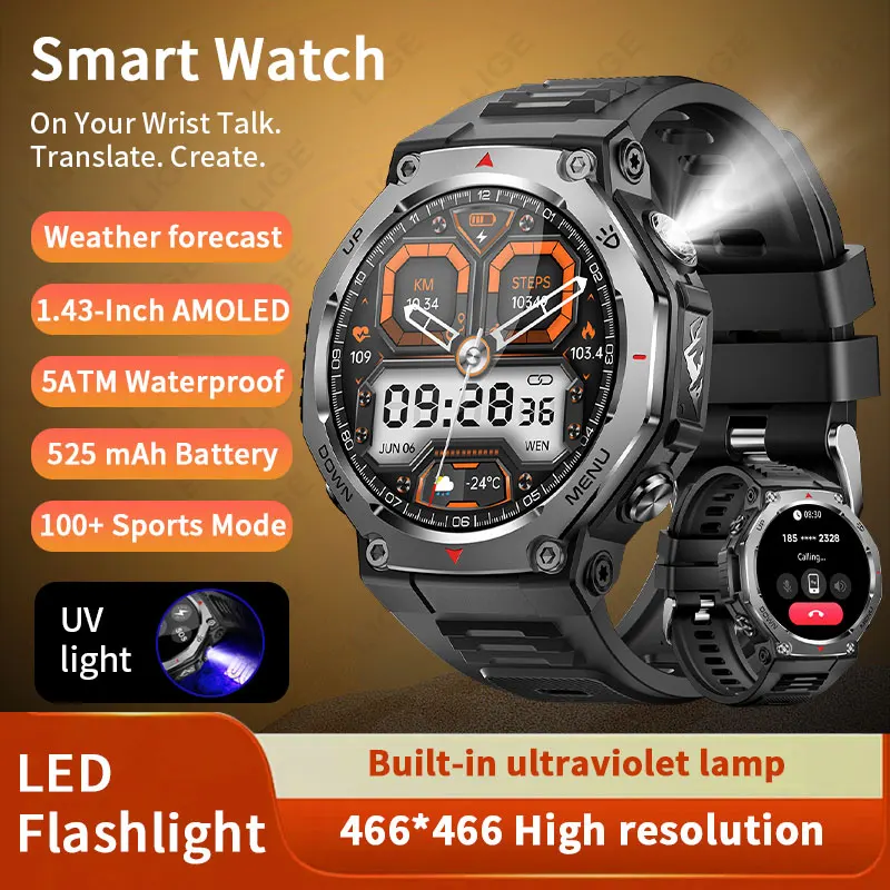 

LIGE 2025 Smart Watch Men AMOLED Screen Strong Flashlight UV Light 5ATM Waterproof 525mAh Large Battery Outdoor Sport Smartwatch