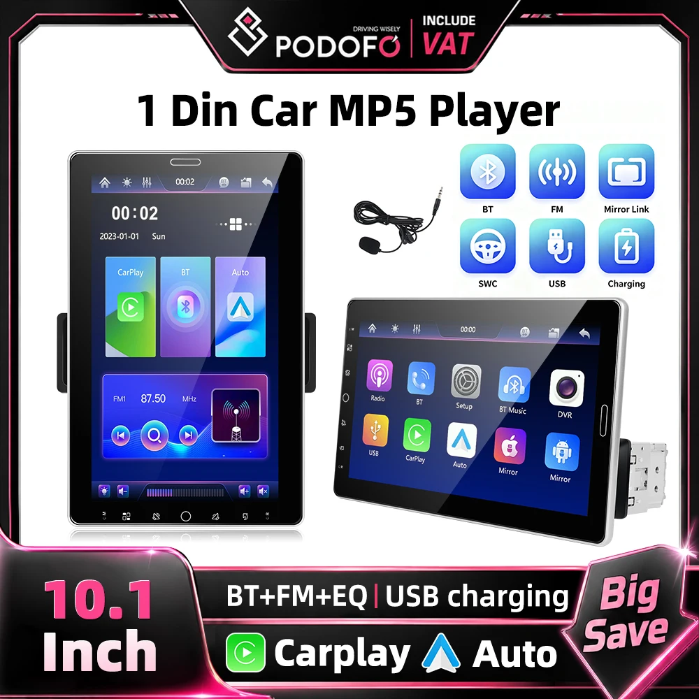 Podofo 10,1 Zoll 1Din Autoradio MP5-Player, kabelloses Carplay und Android Auto, HD 1280*720 Touchscreen, drehbarer Bildschirm, kabelgebundener Mirror-Link, FM/AM/RDS, AUX, EQ, USB,