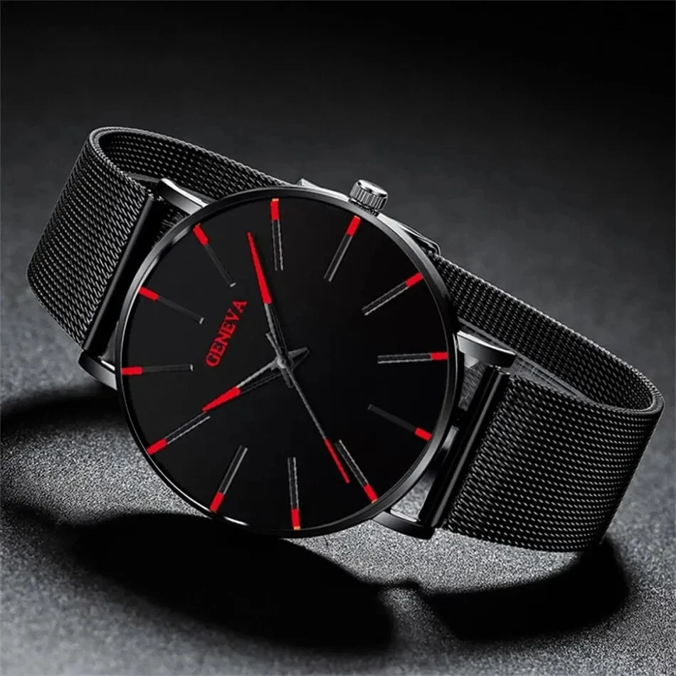 3PCS Set Fashion Mens Business Watches For Men Black Bracelet Necklace Luxury Ultra Thin Stainless Steel Mesh Belt Quartz Watch