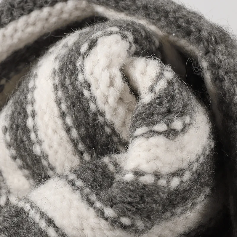 Wool Blend Knit Earflap Beanie Black White Striped Winter Hat with Faux Fur Pom Pom Warm Knitted Cap