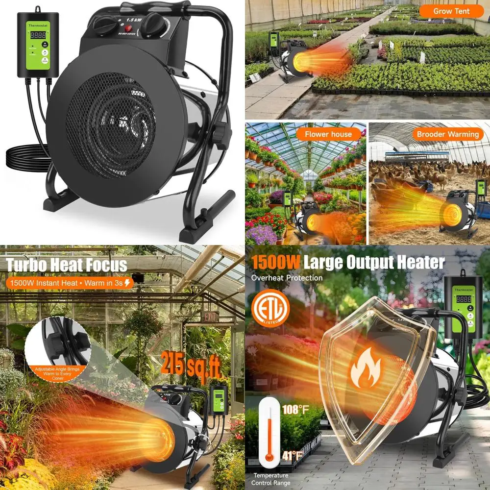 

Уличный тепличный обогреватель мощностью 1500 Вт с термостатом, быстрым нагревом, защитой от перегрева для патио, палатки для выращивания, гаража, внутреннего использования (Sil
