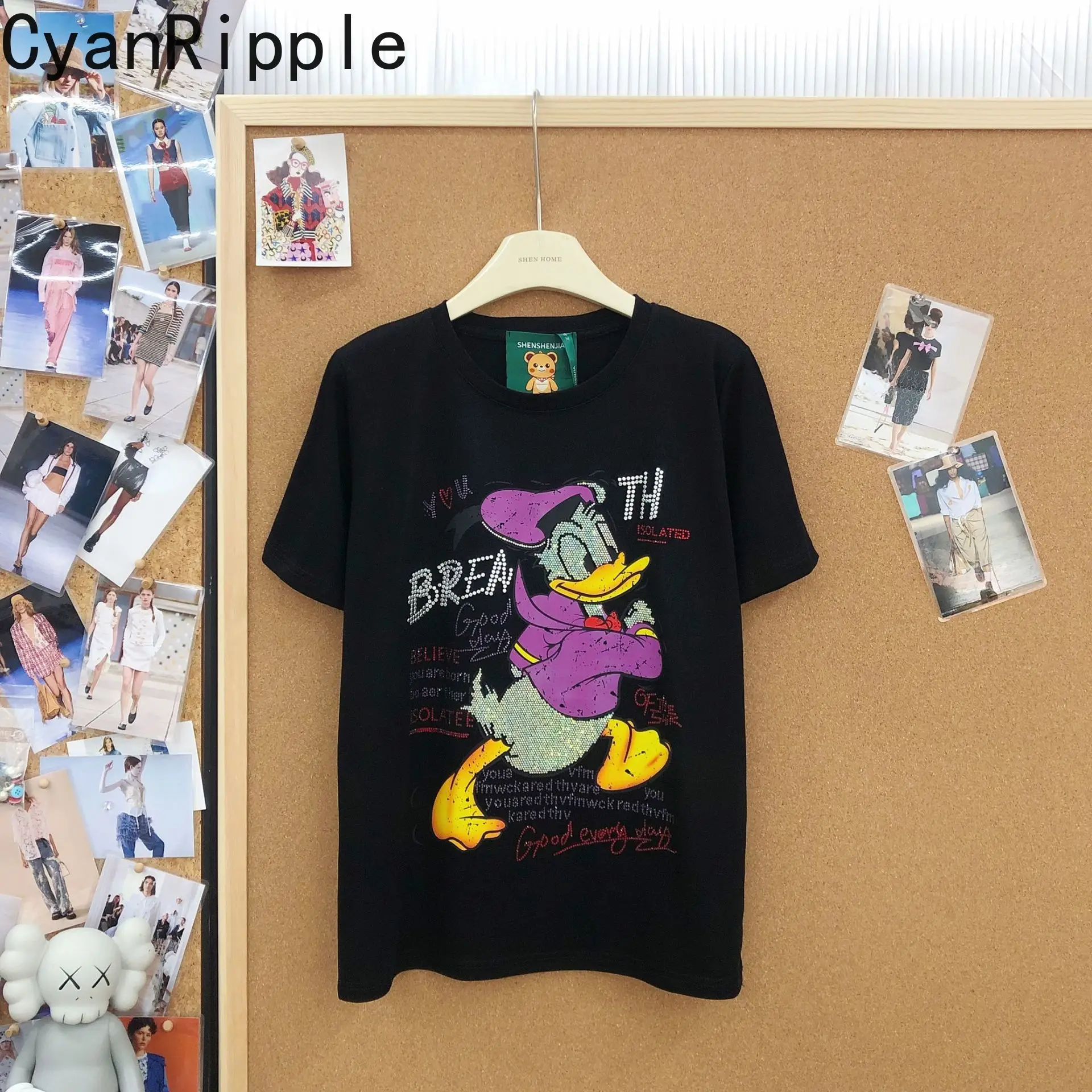 

American New Summer Loose Short Sleeve Tees Women All-match Casual Pullover Top Round Neck Hot Diamonds Cartoon Cotton T-shirt