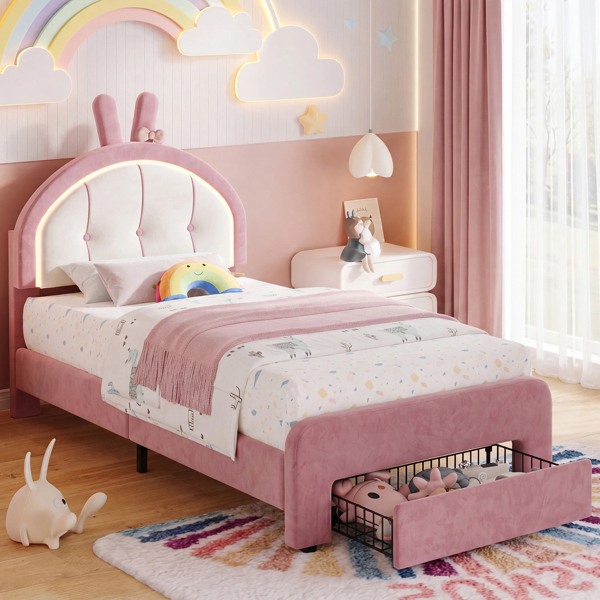 Rosahqnda Polster-Prinzessinnen-Einzelbett für Kinder, verstellbares Kopfteil mit LED-Beleuchtung, Lattenrost, 90 x 200 cm, rosa Hasen-Design für Mädchen, Matratze nicht enthalten