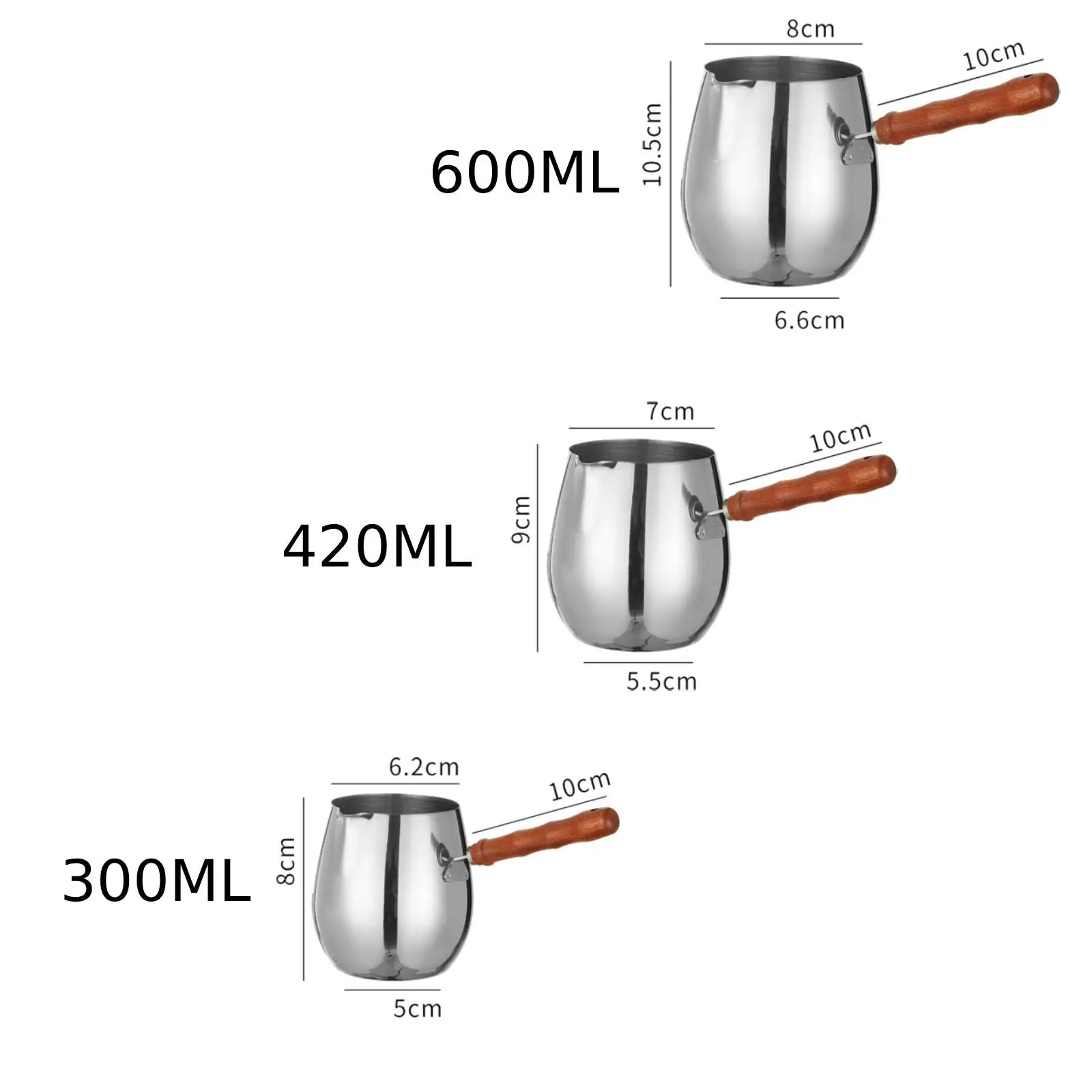 300ml/420ml/600ml Turkish Coffee Pot Stainless Steel Coffee Maker with Long Comfortable Wooden Handle for Sauce Mike Heating