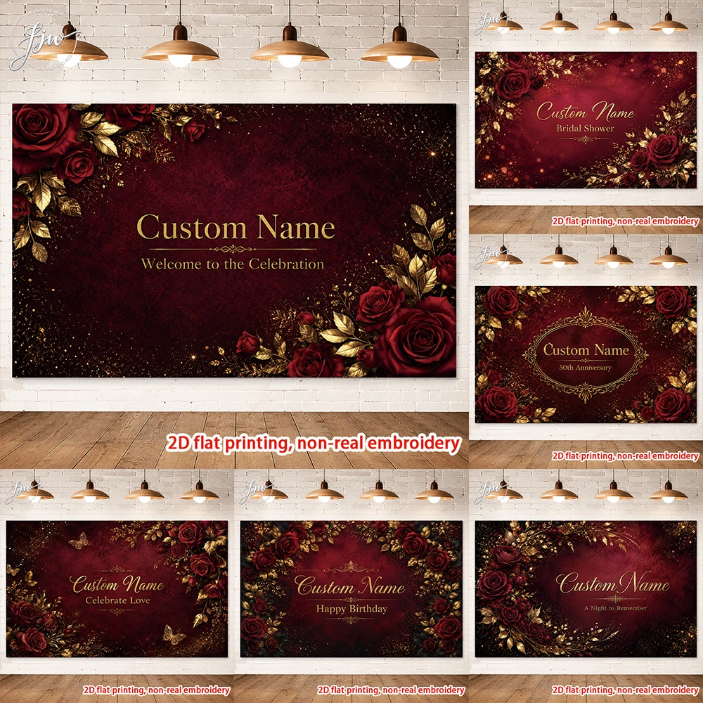 1pcs Custom Burgundy Gold Rose Party Backdrop Banner for Bridal Shower Anniversary Birthday Wedding Event Photo Booth Background