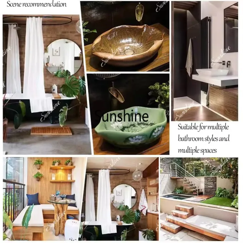 Picture 5: JIENI Art Ceramic Bathroom Sink Set Leaf Style Washbasin W/ Waterfall Antique Brass Faucet Pop Up Drain High End Porcelain Sinks