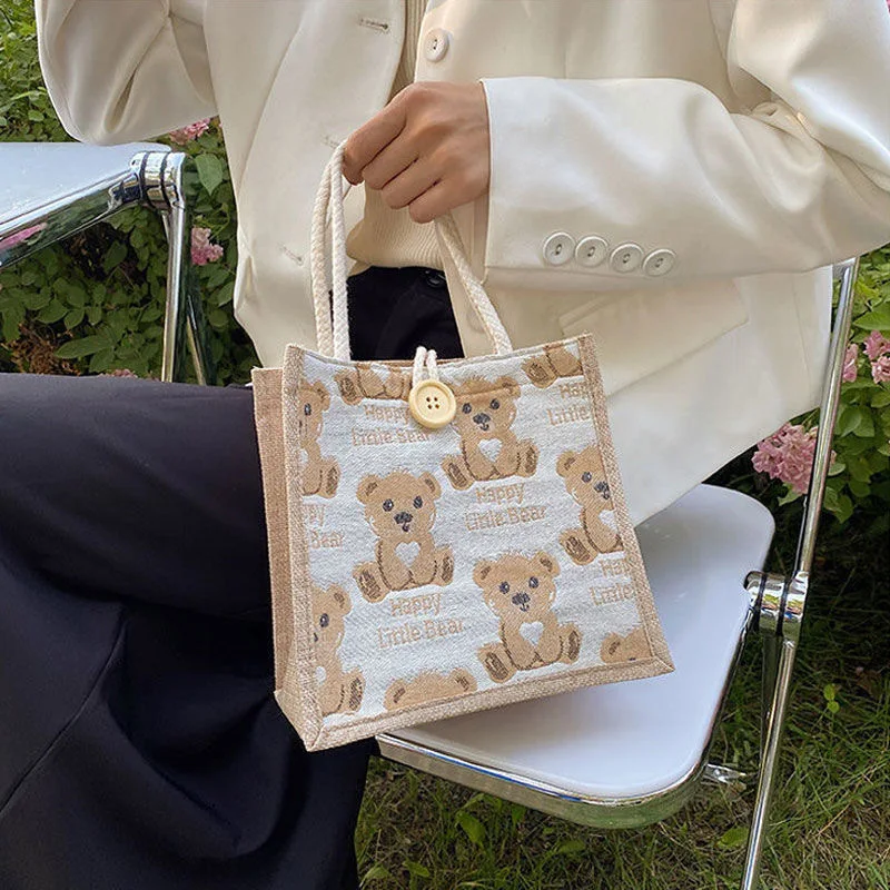 

Новая льняная сумка-тоут, портативная, вместительная, с рисунком медведя, для студентов, сумка для обедов, маленькая, свежая, на плечо.