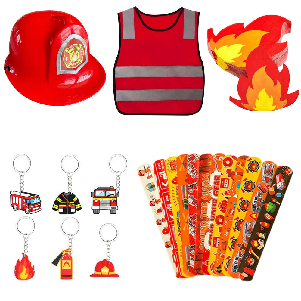 Firefighter Birthday Decoration Fireman Sam Theme Party Favors Keychains Hat Dress Up Slap Bracelet Kids Fire Baby Shower Supply