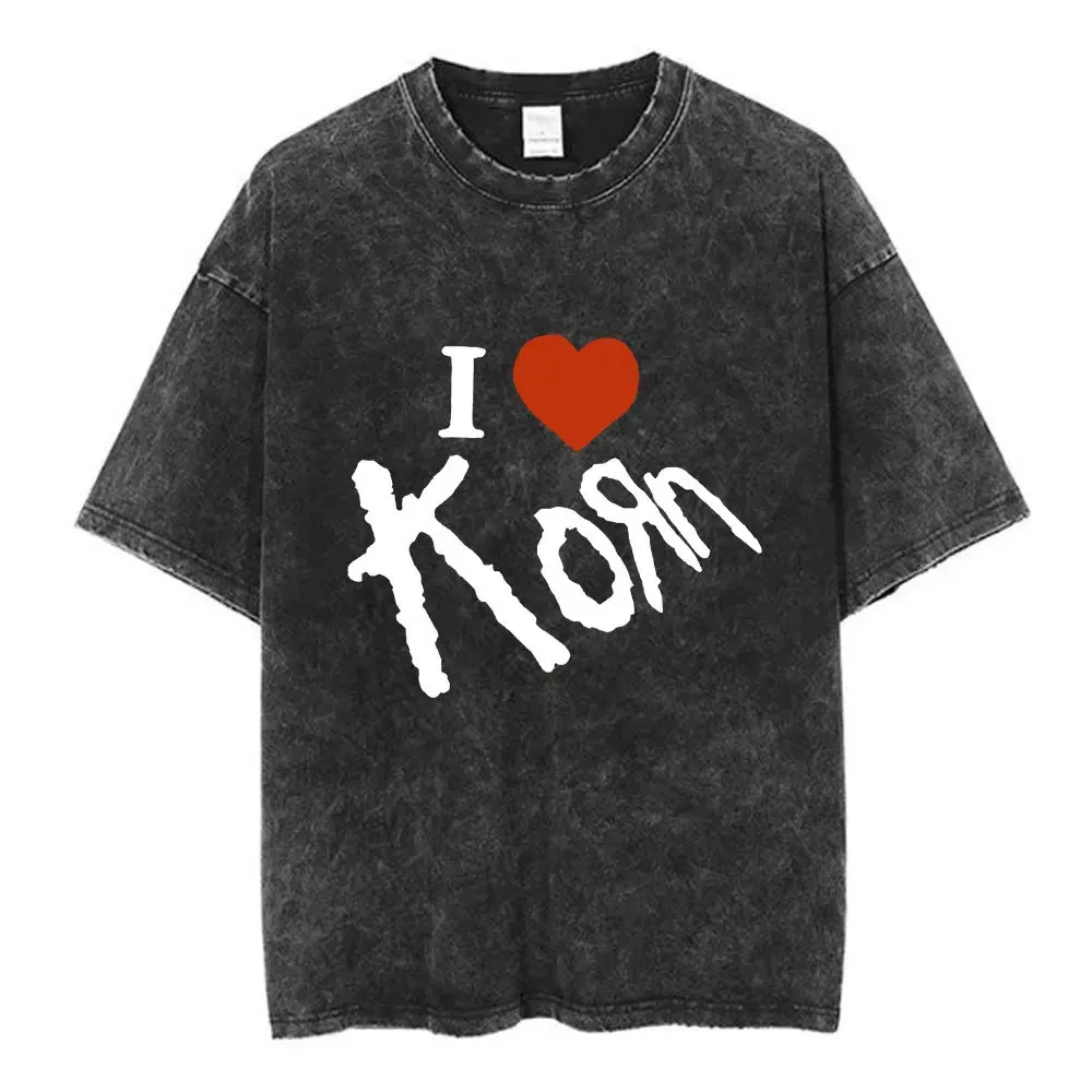 

The Summer Pure Black Water-washed Double-sided Short-sleeved T-shirt of The Rock Metal Band Korn Is Made of Pure Cotton