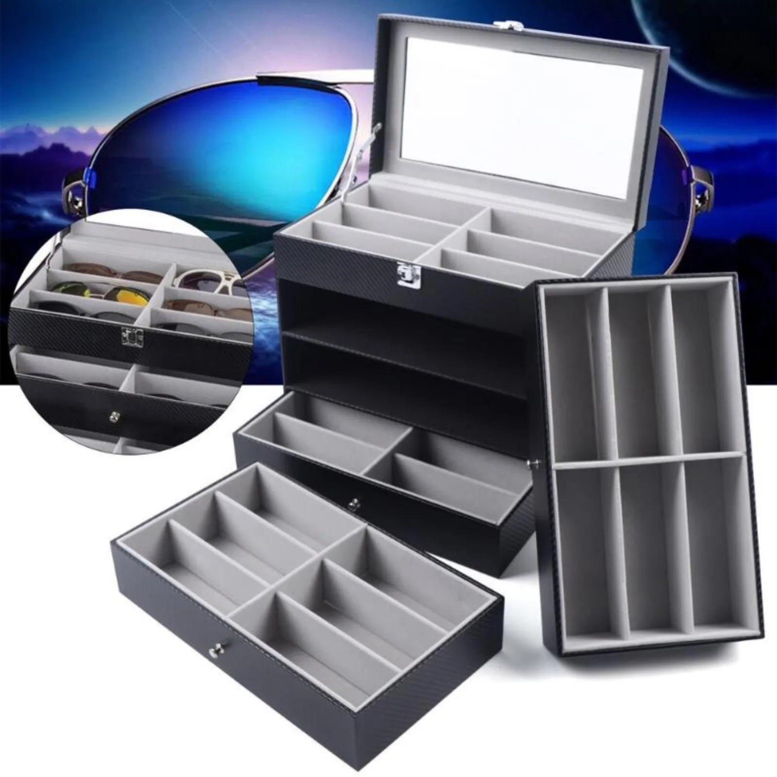 24 Slot 4 Tier Eyeglass Storage Box Sunglasses Display Case Drawer Lockable Case Organizer for Gift Idea Black