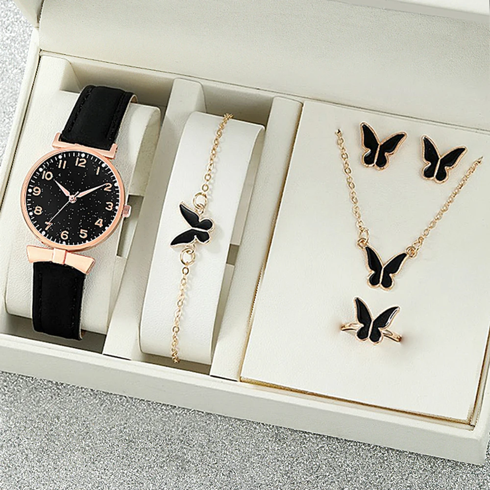 6pcs Women's Quartz Watch Fashion Casual Quartz Watch and Butterfly Bracelet Necklace Ring Earrings Jewelry Set