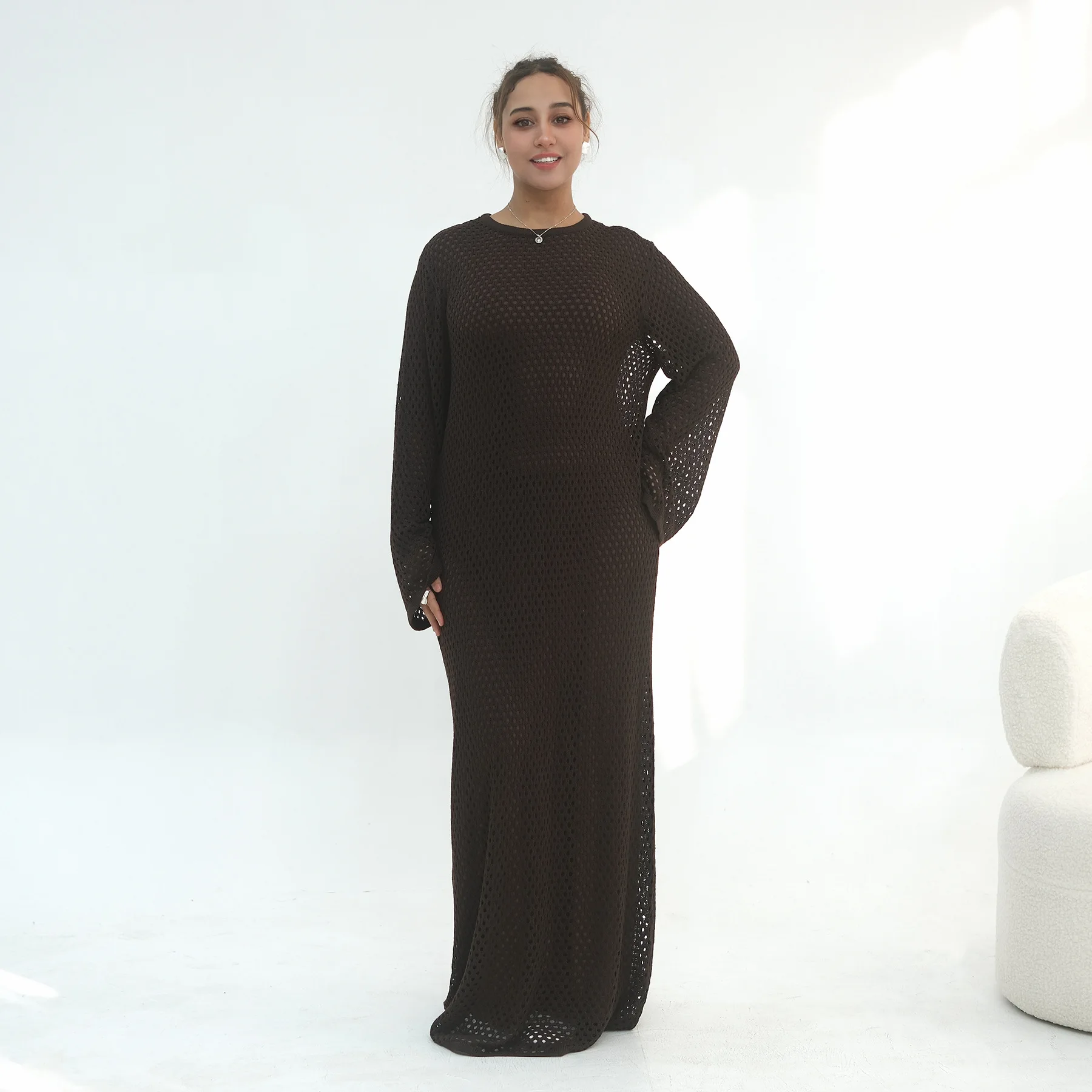 2026 Ramadan Gebreide Hollow Out Abaya Dubai Kaftan Vrouwen Moslim Jurk Eid Islam Kleding Turkije Caftan Femme Musulmane Arabische Gewaad