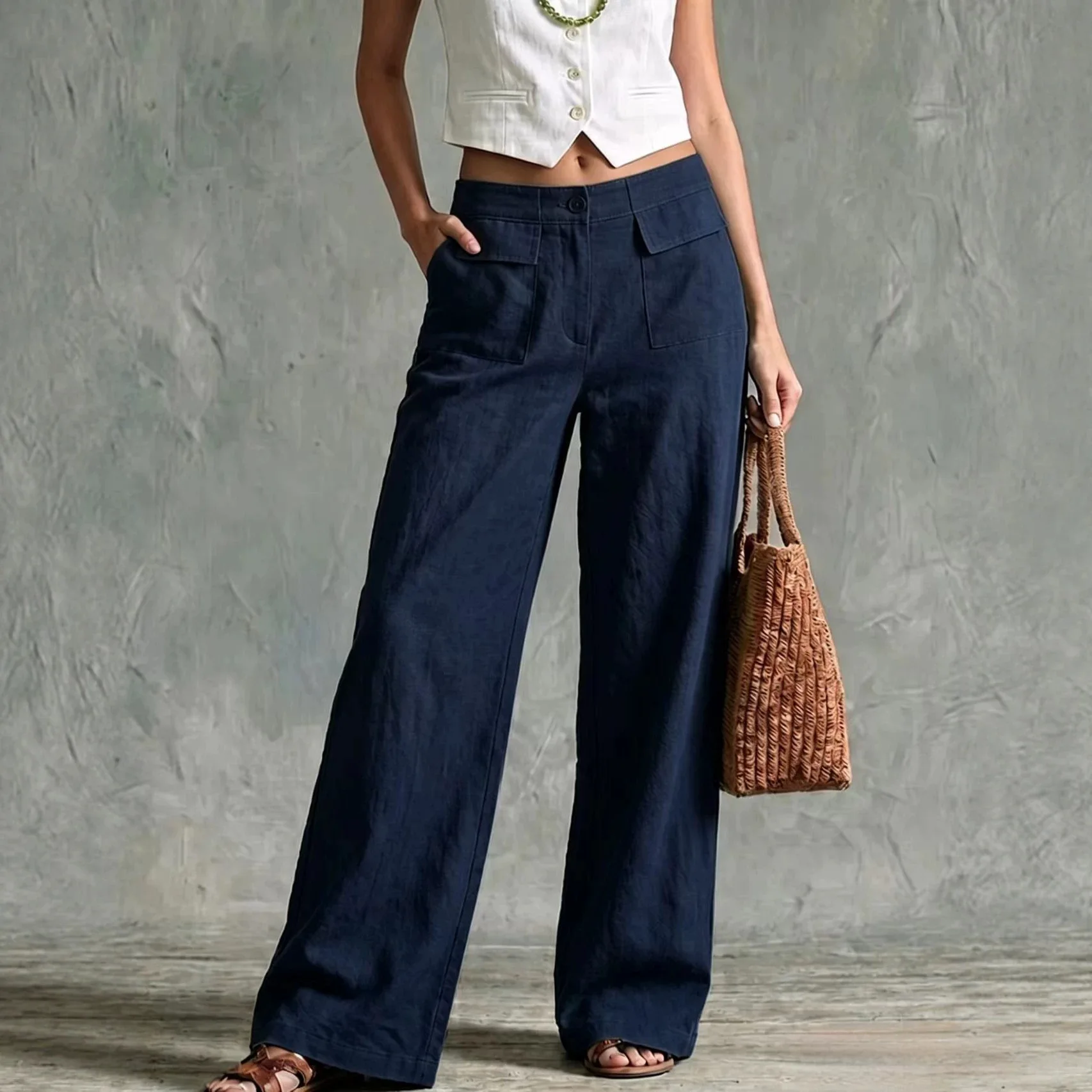 Women Linen Wide Leg Pants High Waist Front Pockets Loose Trousers Summer Casual Solid Color Holiday Streetwear Long Pants