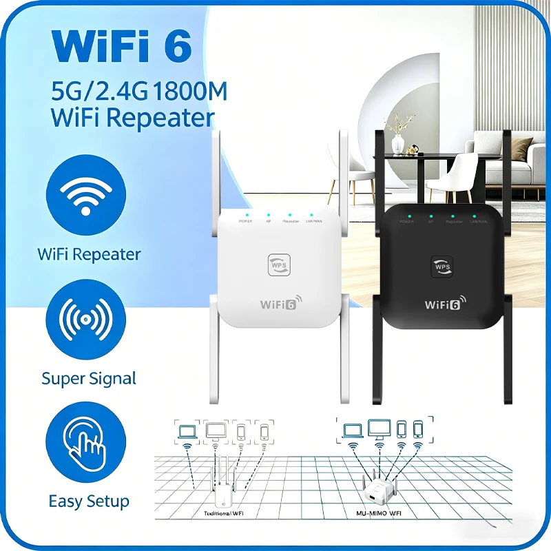 

PIX-LINK WiFi 6 Репитер AX1800 1800 Мбит/с, двухдиапазонный 5 ГГц/2,4 ГГц, усилитель сигнала WiFi с 4 антеннами, режим репитера/AP для дома