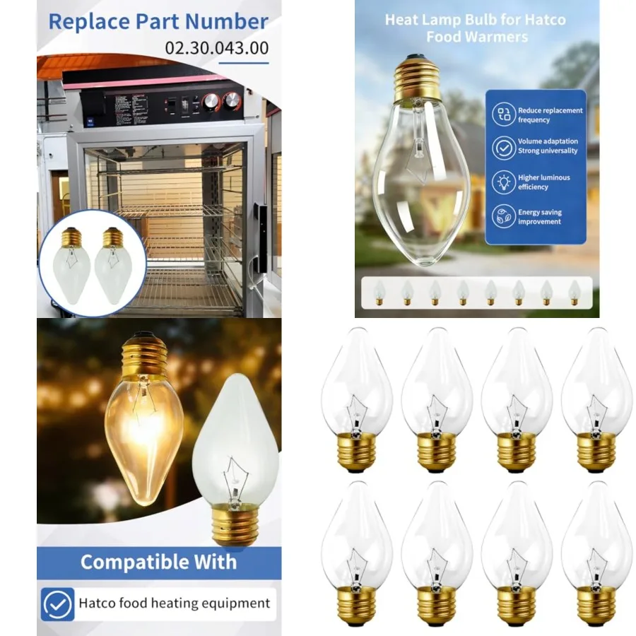 

E26 Base 60W Food Warming Heat Lamp Bulb Fit for Hatco Replaced 02.30.043.00 Torpedo Shape 8PCS