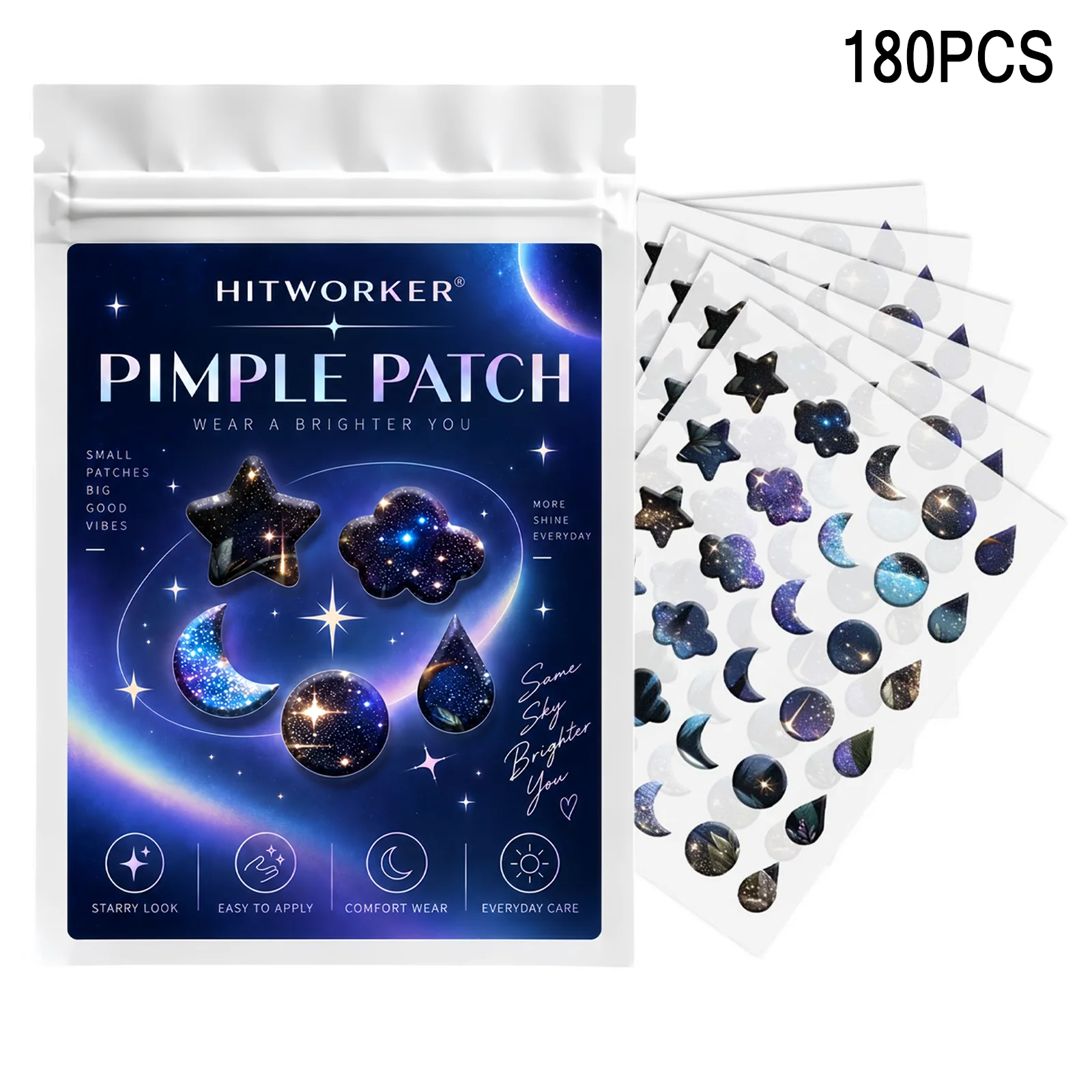 180pcs Star Hydrocolloid Spot Cover Patches, Black Silver Face Stickers, Invisible-Look Daily Skin Care for Day Night Use