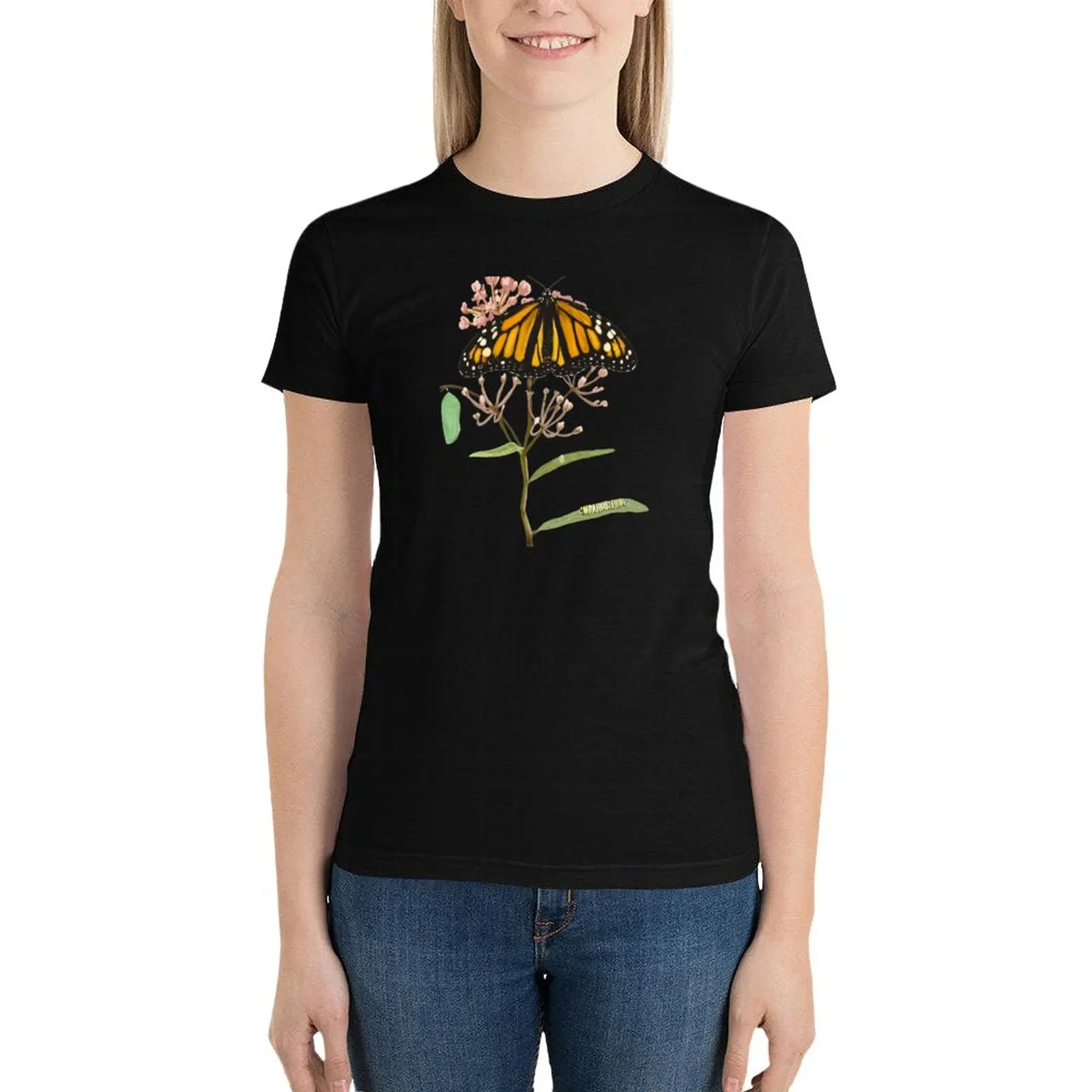 Monarch Butterfly Life Cycle Illustrated on Milkweed T-Shirt anime quick-drying t shirts for Womens