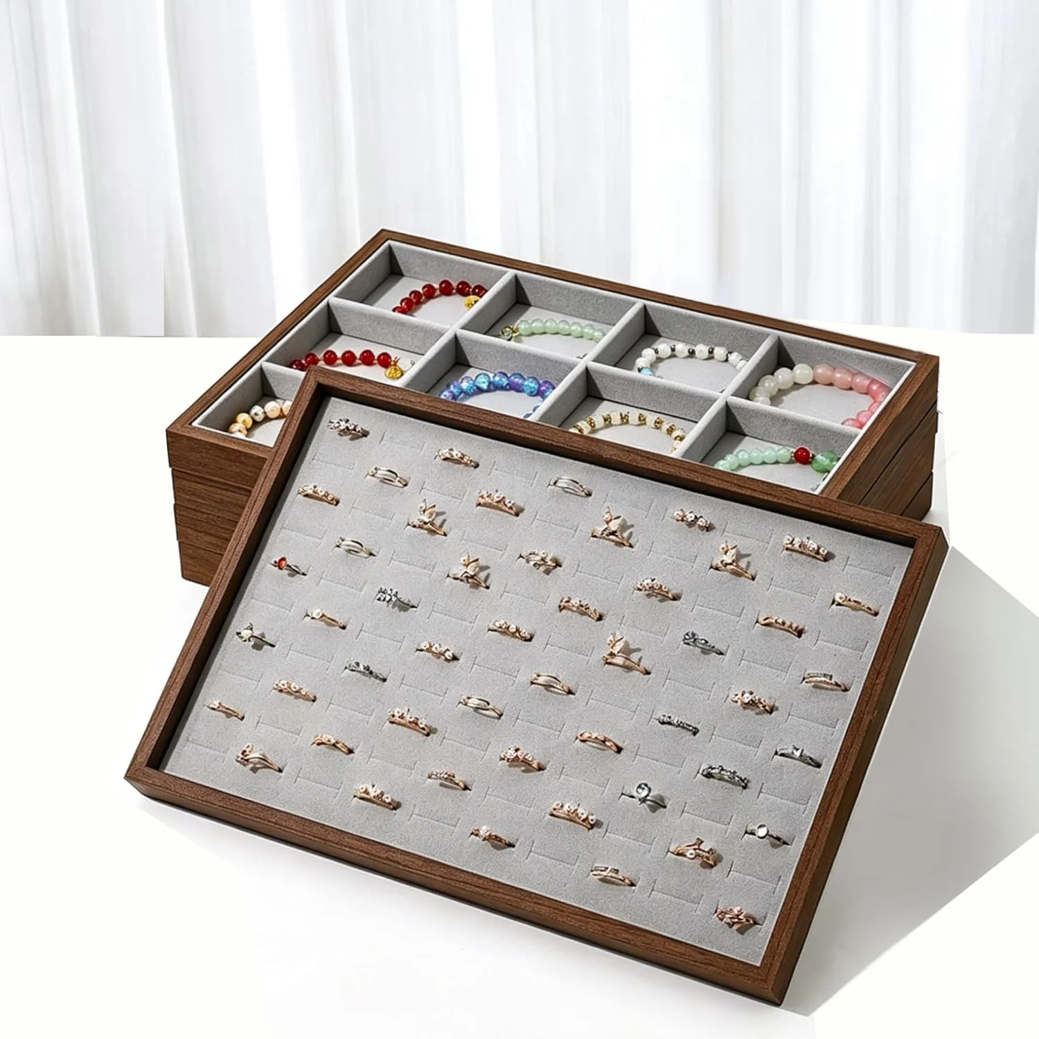 Velvet/PU Jewelry Organizer,Stackable 100 Slots Tray, Ring Display Box, Clear Drawer Storage Case for Dresser