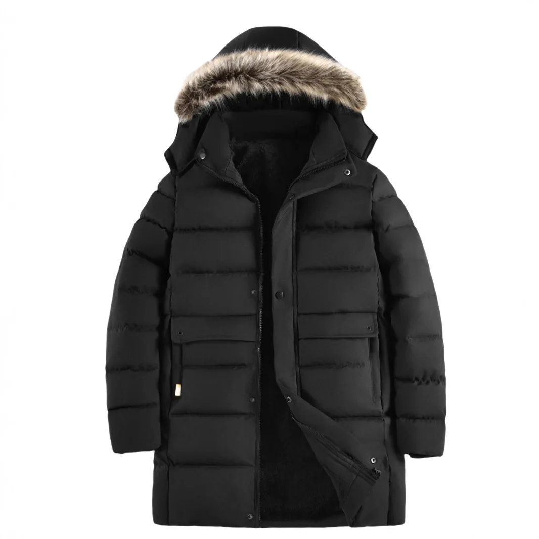 

Зимняя мужская плюшевая куртка, новая мужская пуховая куртка средней длины с воротником-стойкой, утепленная мужская верхняя одежда на молнии с длинными рукавами и съемным капюшоном