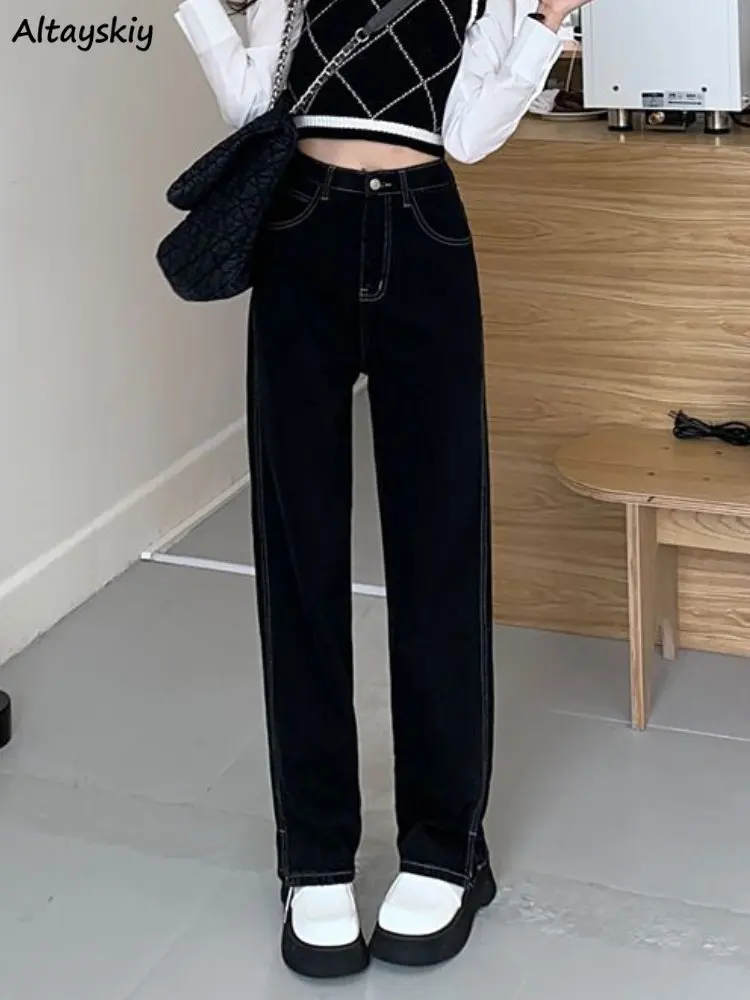 

Vintage Jeans Women Side-slit Casual Streetwear Korean Style Minimalist Spring High Waist New Wide Leg Trousers Harajuku Baggy