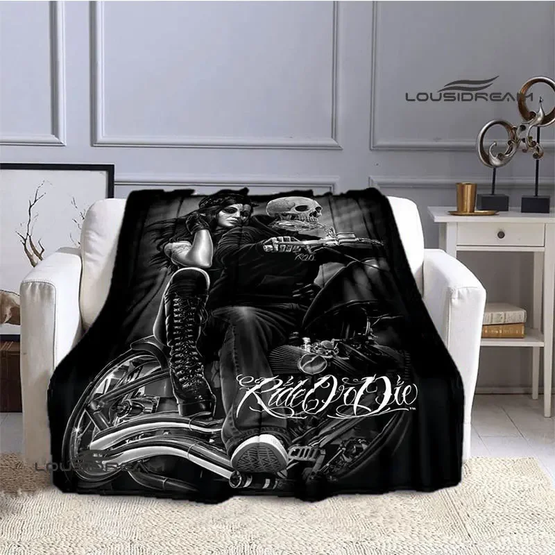 Retro skull motorcycle printed blanket warm Flange blanket Home travel blanket bed linings Picnic blanket birthday gift