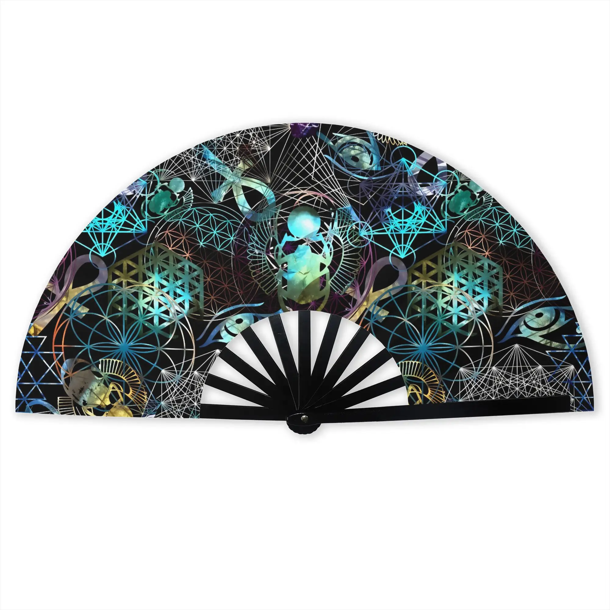 Flower of Life Ancient Egyptian Talismans in Black  Portable Pocket Fan Sacred Geometry  Folding Fan Cooling Handheld Fans