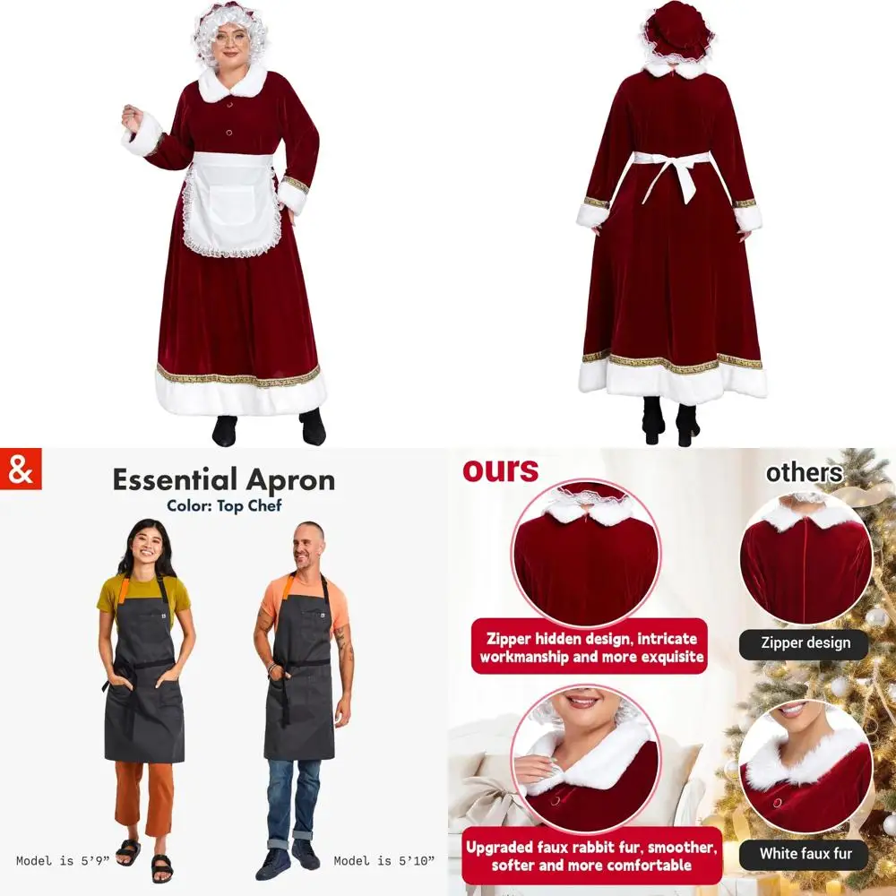 

Adult Velvet Santa Claus Mrs. Claus Costume Set with Hat, Apron, White Wig, Glasses, and Christmas Suit for Women
