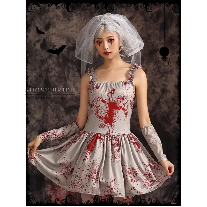 Costume de mariée zombie sanglant effrayant pour enfants, robe de paupières d'Halloween pour adolescents, nouveau style, mascotte Tim ade, horreur, enfants, filles