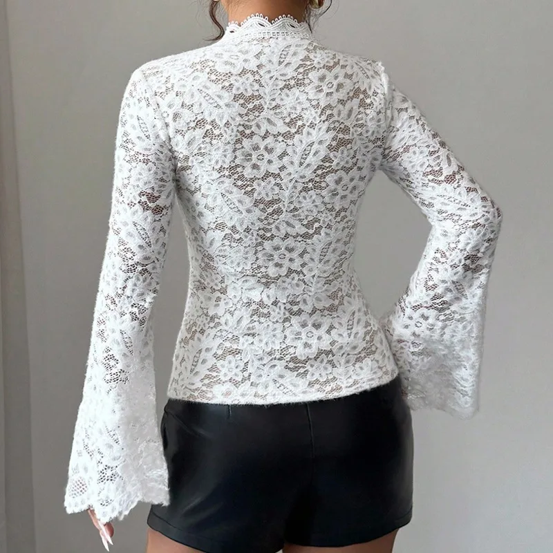 Primavera verão com decote em v manga longa doce pura blusa de renda elegante branco fino ajuste camisa feminina casual festa malha topo para mulher