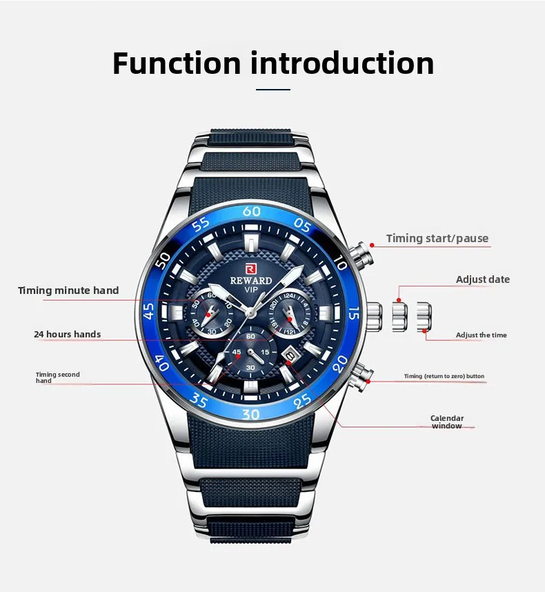 2025 ساعة رياضية متعددة الوظائف بثلاث عيون بتقويم مضيء مقاوم للماء وحزام فولاذي صلب من الفولاذ المقاوم للصدأ ساعة عمل