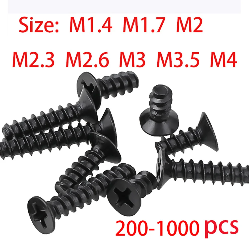 M1.4 M1.7 M2 M2.3 M2.6 M3 M3.5 M4 Phillips Countersunk Head Screws Carbon Steel Black Cross Flat-Tail Self-Tapping Screw Bolt