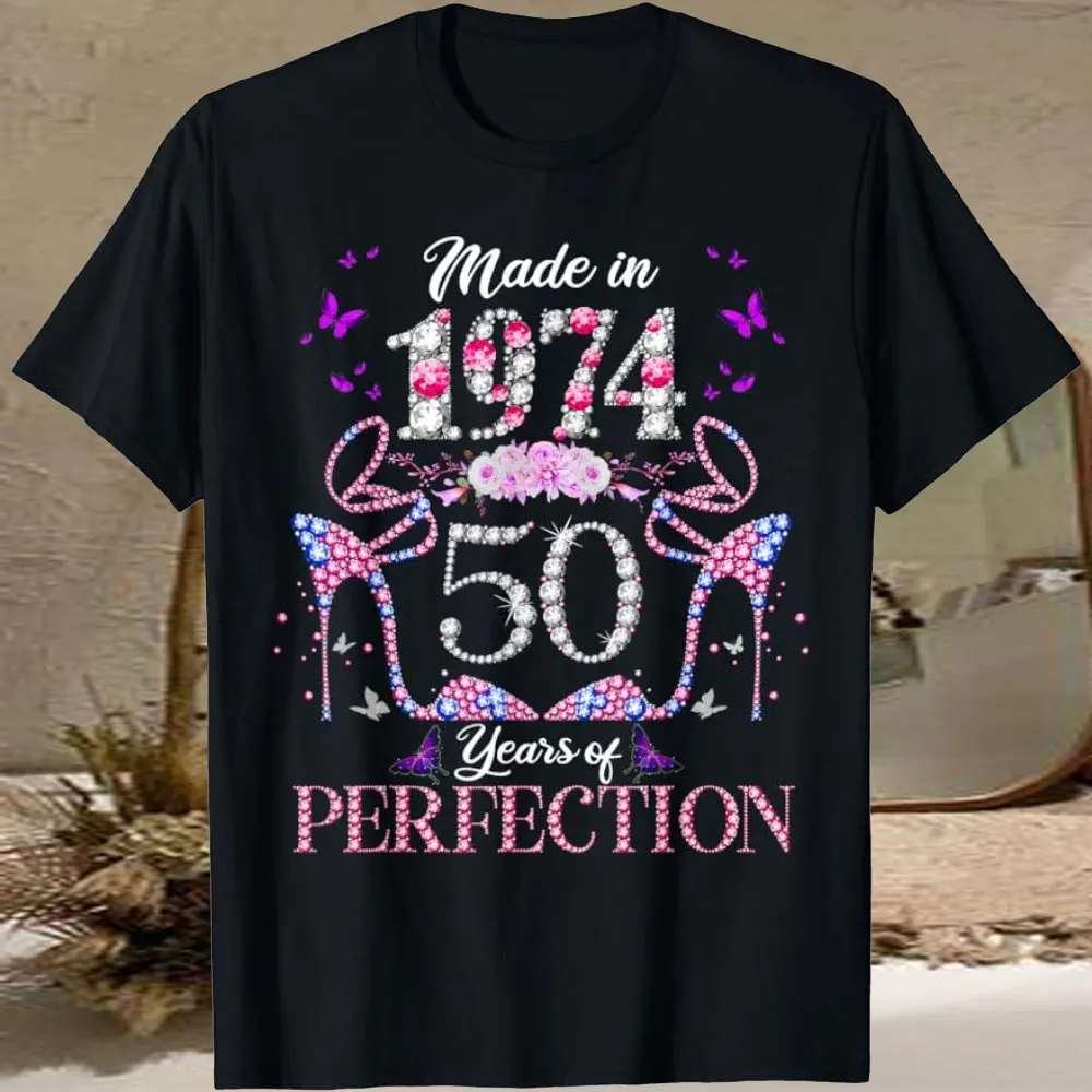 Made in 1974 Floral 50 Years Old 50th Birthday Tee O- Neck Short-Sleeve Fashion COTTON Tshirt Clothing Casual Basic Women Tees