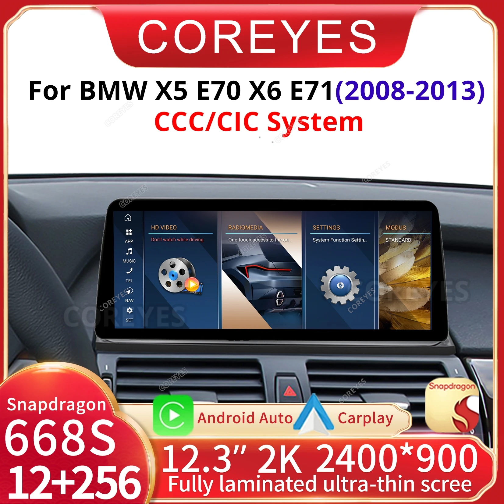 COREYES 12.3 Inch Carplay Car Radio Multimedia Player For BMW X5 E70 X6 E71 2007-2013 CCC CIC System Display Scree Tools BT