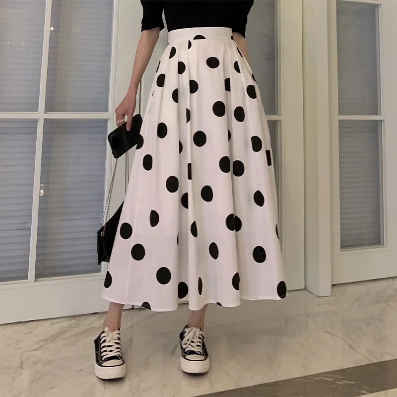 

Белая юбка А-силуэта в горошек с высокой талией, женская юбка миди в стиле Хепберн, летняя винтажная юбка для похудения, асимметричная повседневная юбка